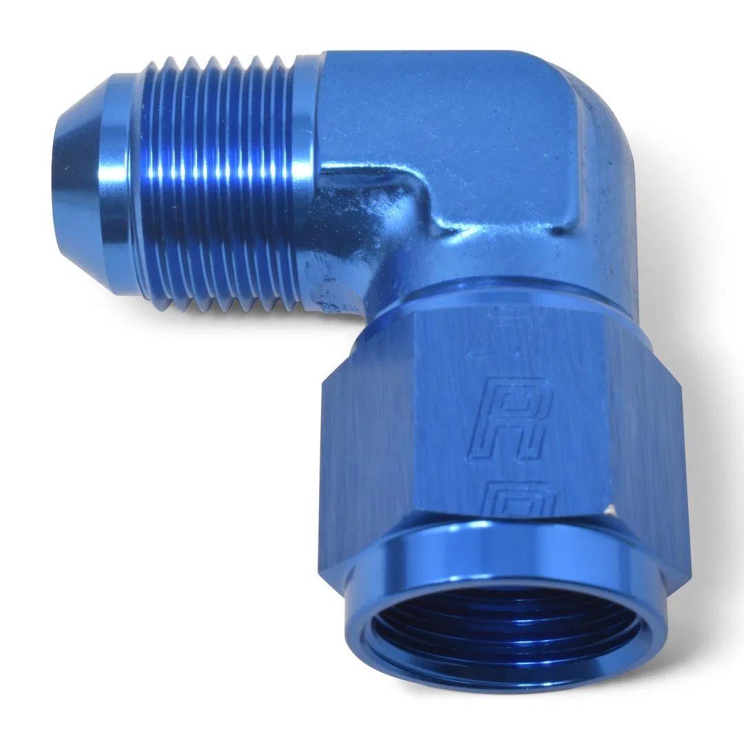 614803 – RUSSELL/EDEL Adapter Fitting, 90 Degree -3 AN Male AN To Female AN Anodized Blue Aluminum Single